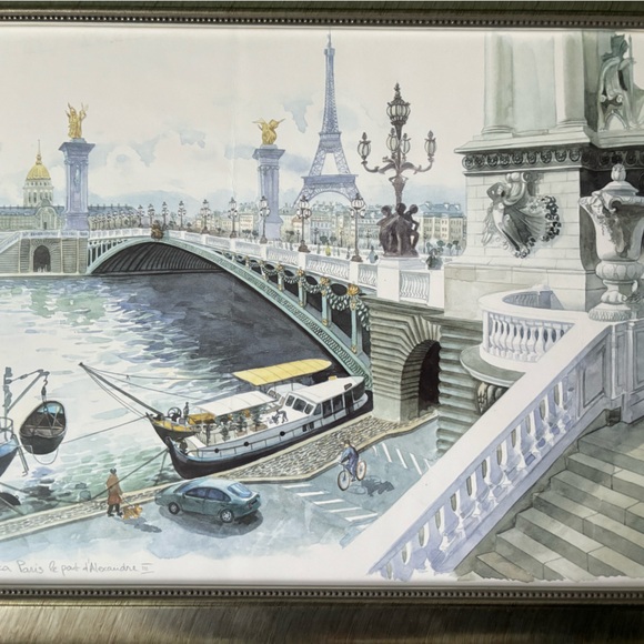 19 1/2 x 15 1/2 framed painting print of Paris eiffel tour st-alexander bridge - Picture 3 of 5